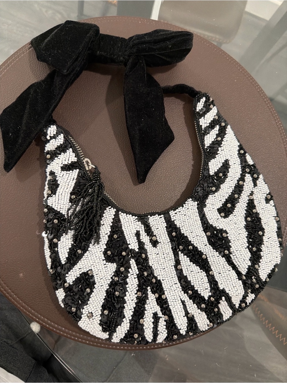 Beaded Zebra Pattern Shoulder Bag - Black & White